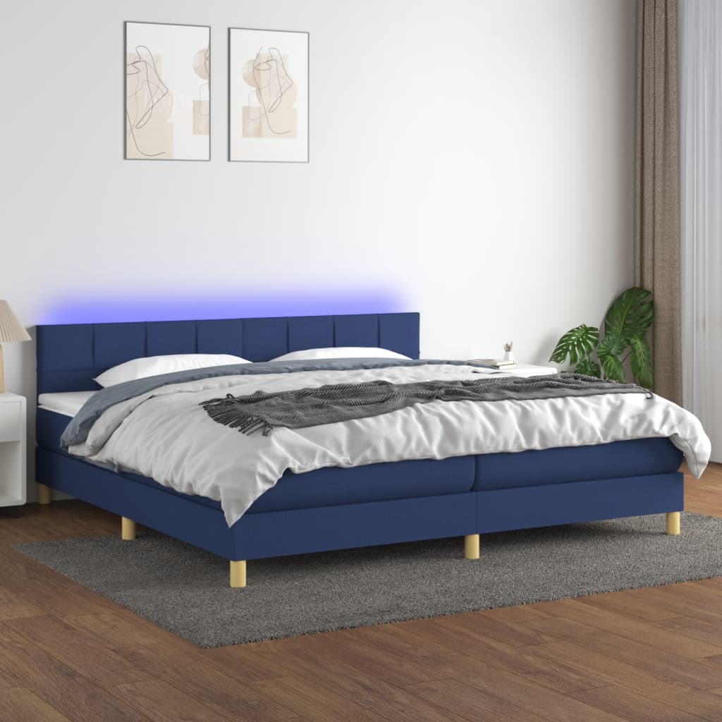 vidaXL Cama box spring c/ colchão e LED 200x200 cm tecido azul