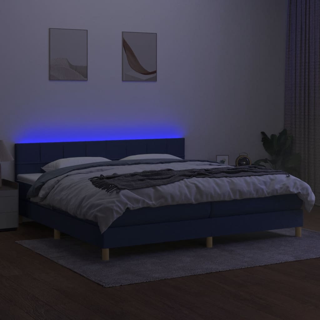 vidaXL Cama box spring c/ colchão e LED 200x200 cm tecido azul