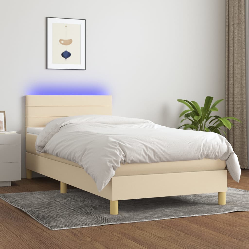 vidaXL Cama box spring c/ colchão e LED 90x200 cm tecido cor creme