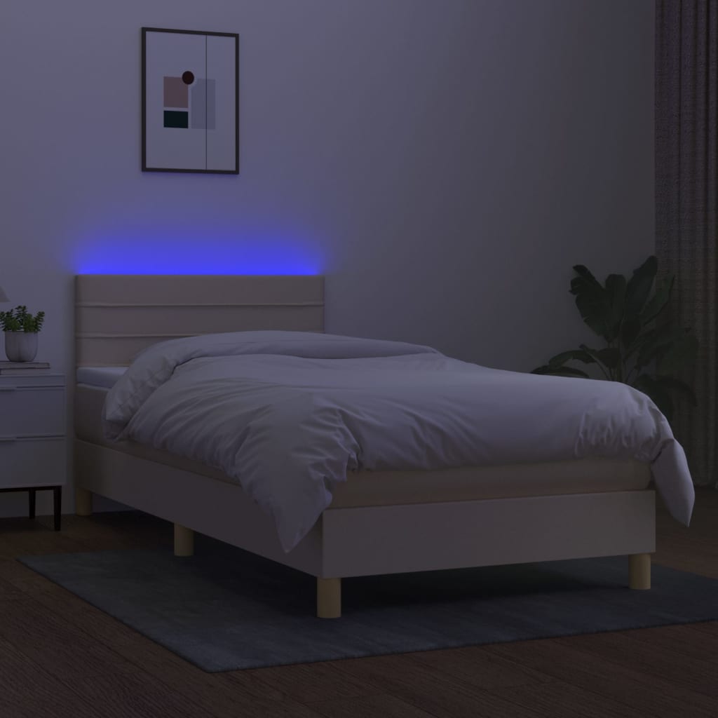 vidaXL Cama box spring c/ colchão e LED 90x200 cm tecido cor creme