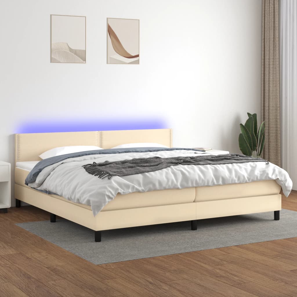 vidaXL Cama box spring c/ colchão e LED 200x200 cm tecido cor creme