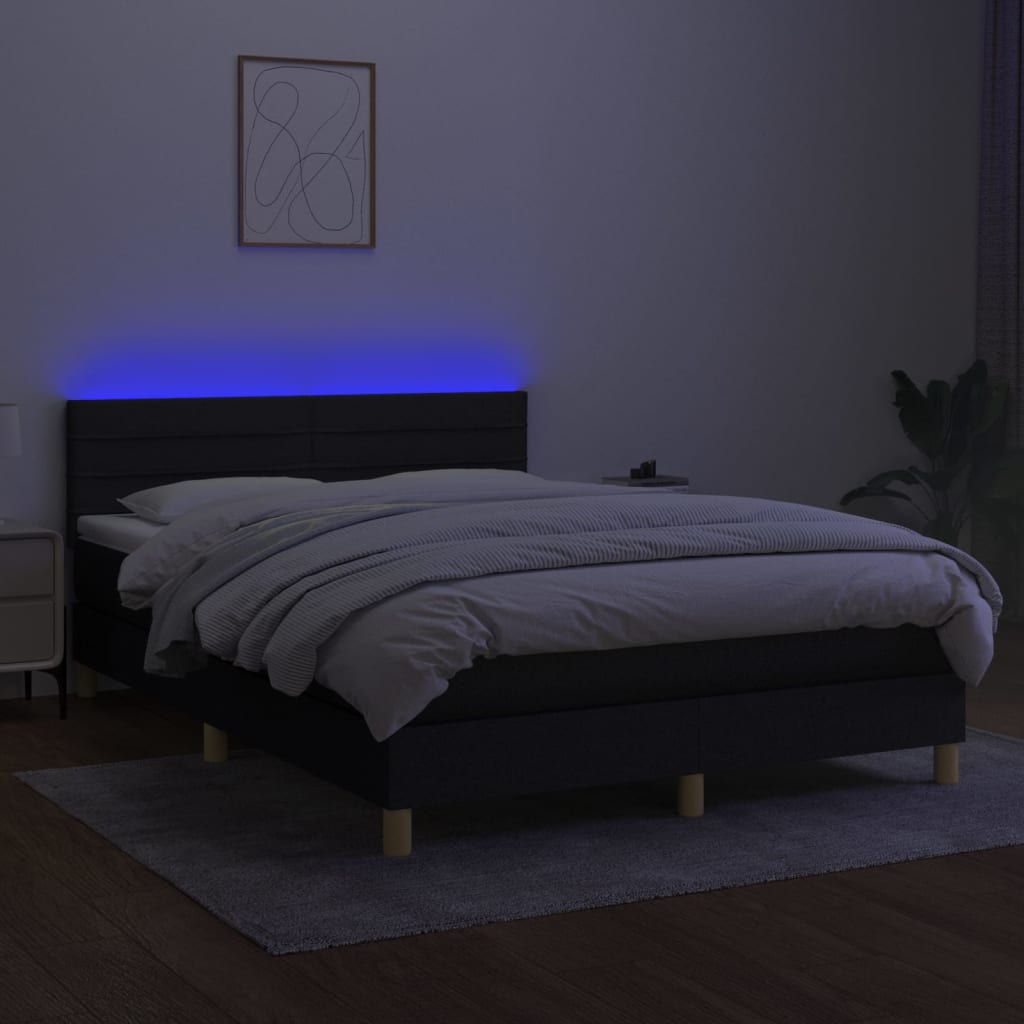 vidaXL Cama box spring c/ colchão e LED 140x190 cm tecido preto