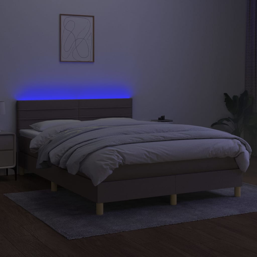 vidaXL Cama box spring colchão/LED 140x200 cm tecido cinza-acastanhado