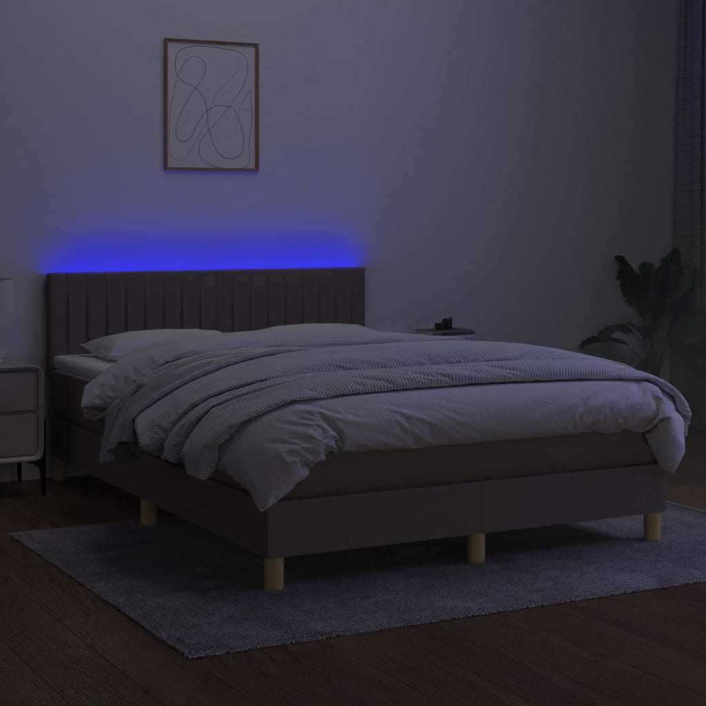 vidaXL Cama box spring colchão/LED 140x200 cm tecido cinza-acastanhado