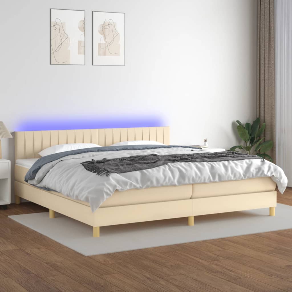 vidaXL Cama box spring c/ colchão e LED 200x200 cm tecido cor creme