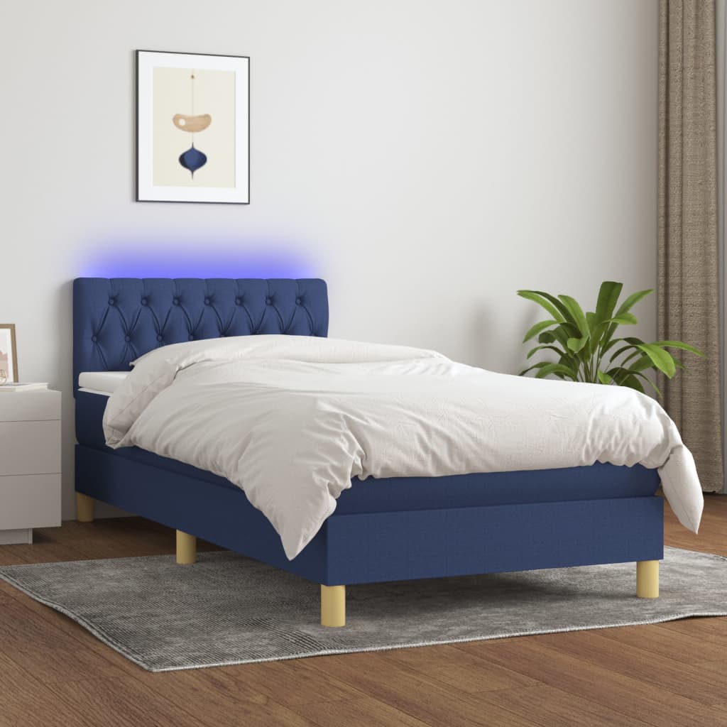 vidaXL Cama box spring c/ colchão e LED 90x200 cm tecido azul