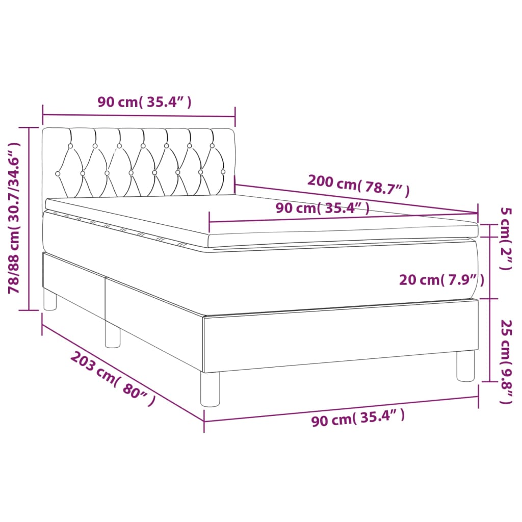 vidaXL Cama box spring c/ colchão e LED 90x200 cm tecido azul