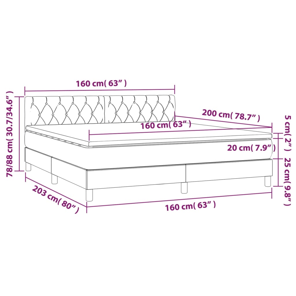 vidaXL Cama box spring c/ colchão e LED 160x200 cm tecido cinza-claro