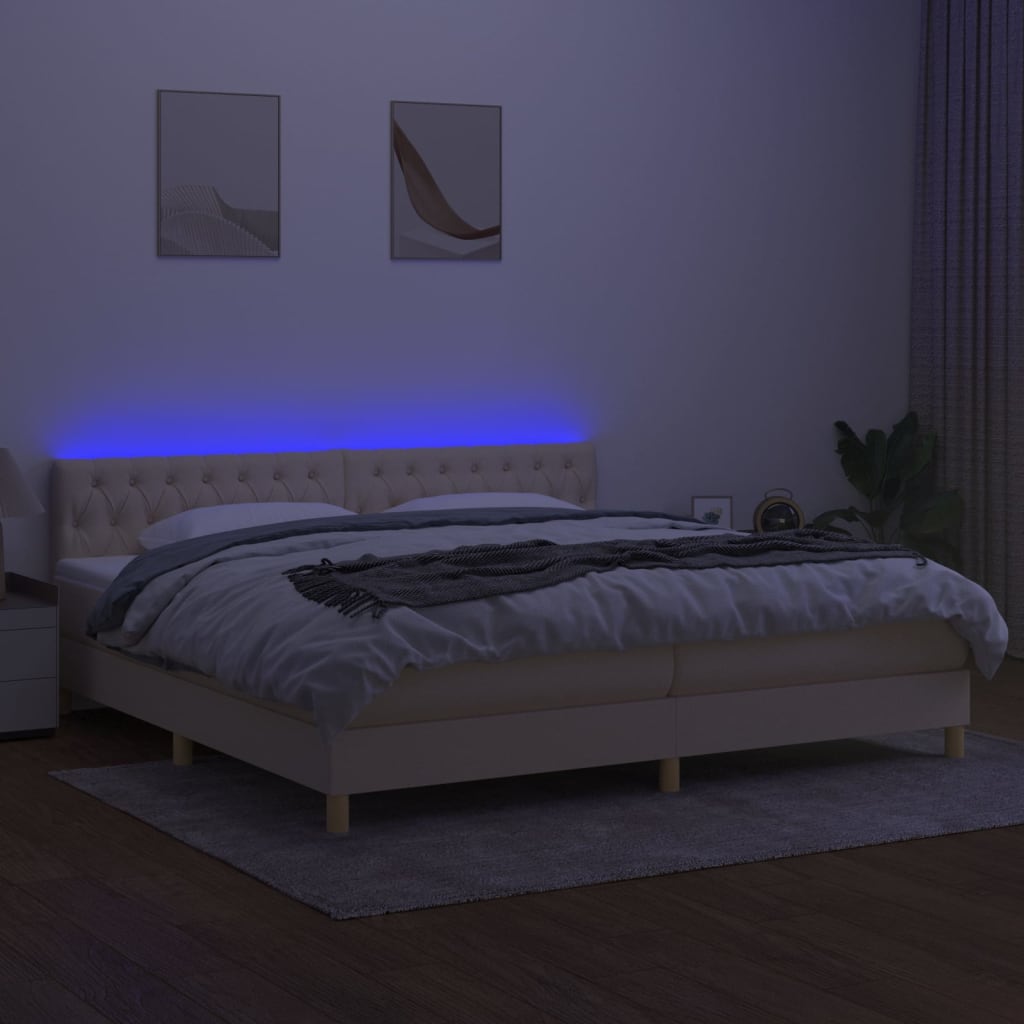 vidaXL Cama box spring c/ colchão e LED 200x200 cm tecido cor creme