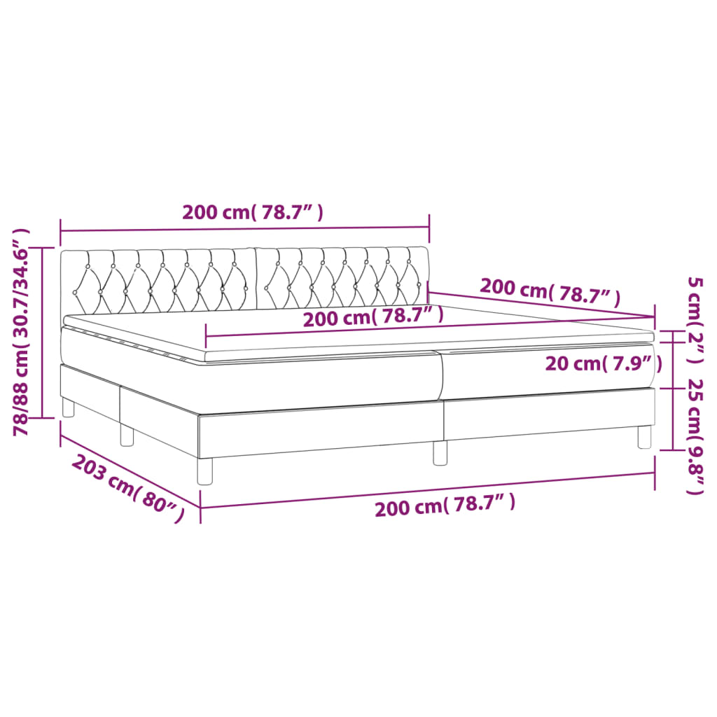 vidaXL Cama box spring c/ colchão e LED 200x200 cm tecido cor creme