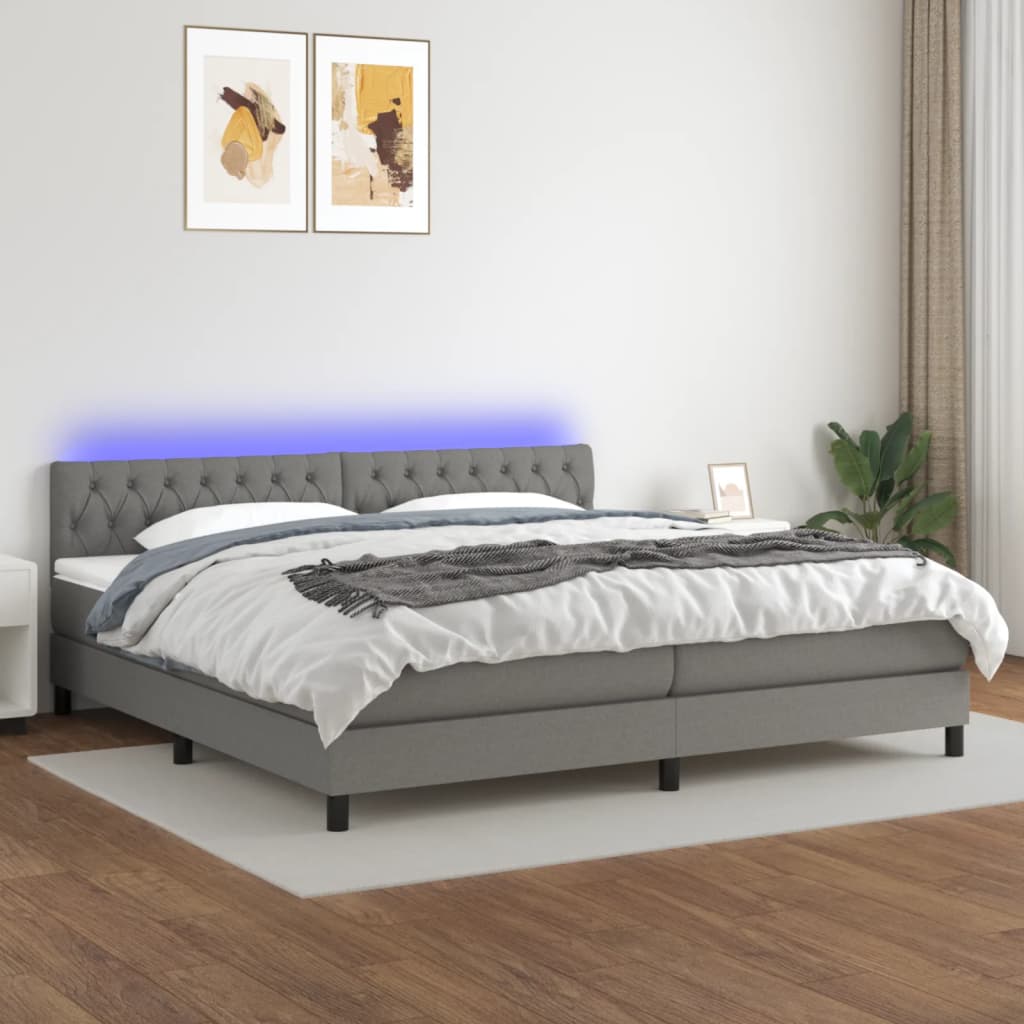 vidaXL Cama box spring c/ colchão e LED 200x200 cm tecido cinza-escuro