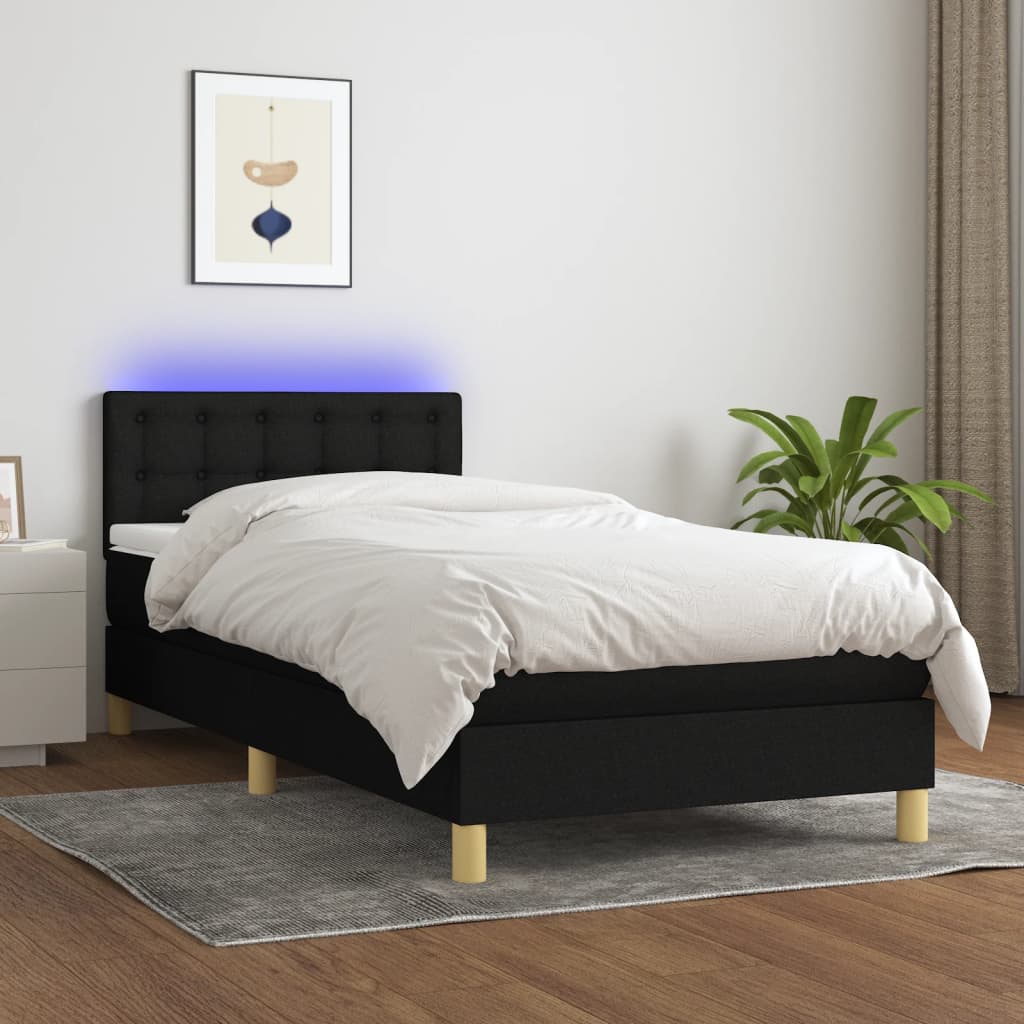 vidaXL Cama box spring c/ colchão e LED 90x200 cm tecido preto