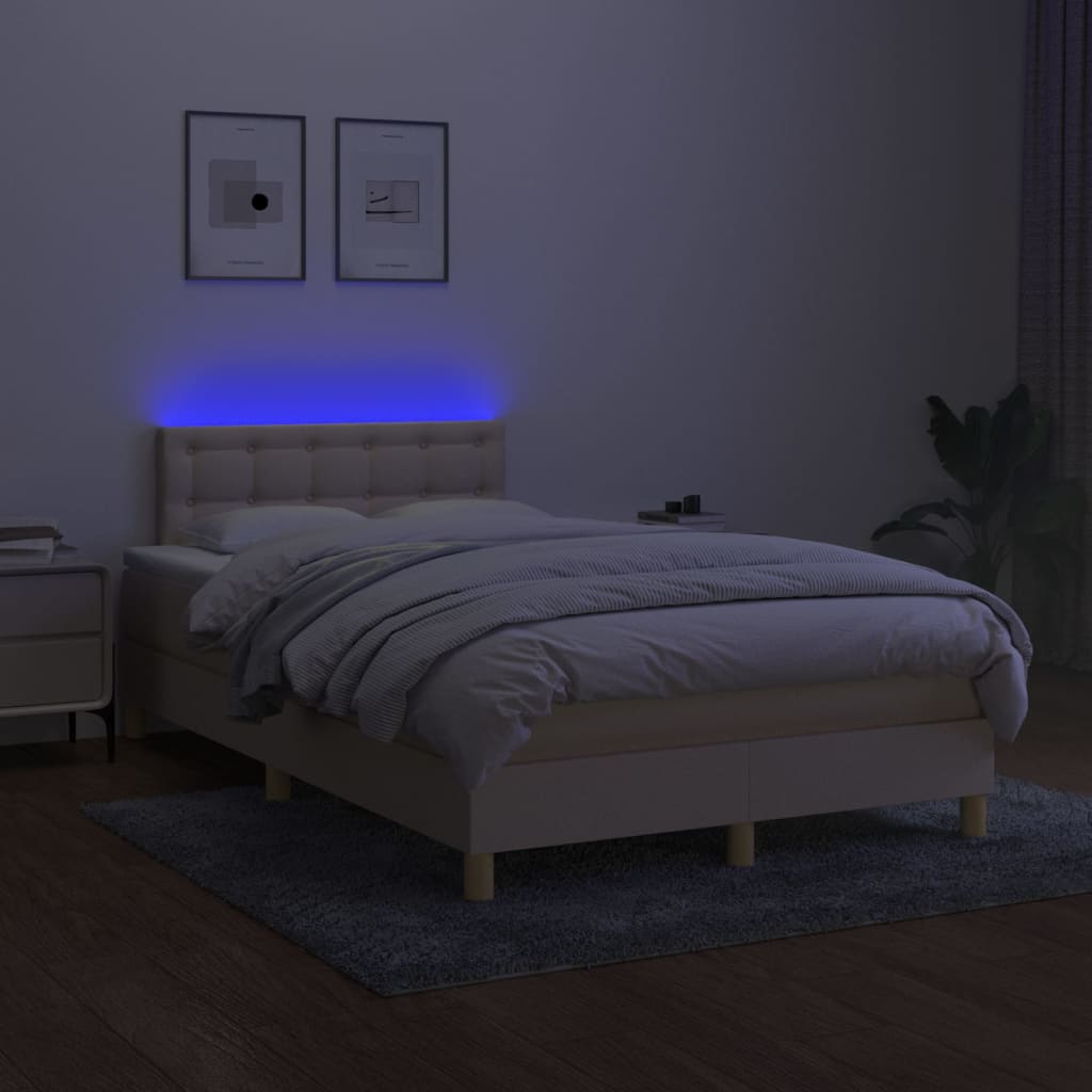 vidaXL Cama box spring c/ colchão e LED 120x200 cm tecido cor creme