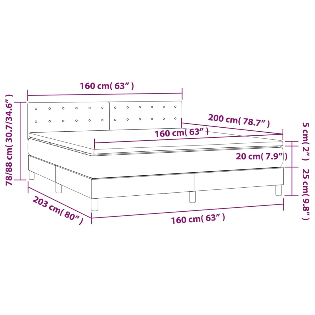 vidaXL Cama box spring c/ colchão e LED 160x200 cm tecido azul