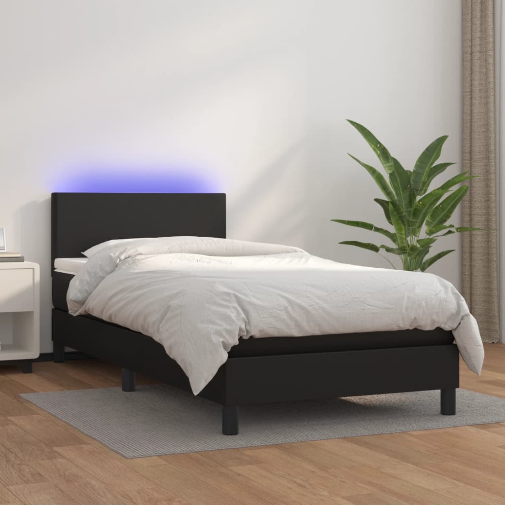 vidaXL Cama box spring c/ colchão/LED 100x200cm couro artificial preto