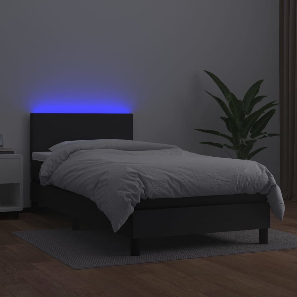 vidaXL Cama box spring c/ colchão/LED 100x200cm couro artificial preto