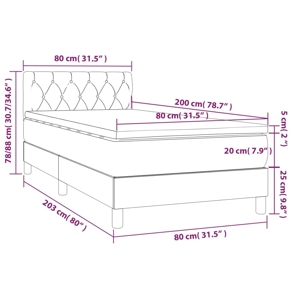 vidaXL Cama box spring c/ colchão e LED 80x200 cm tecido cinza-escuro