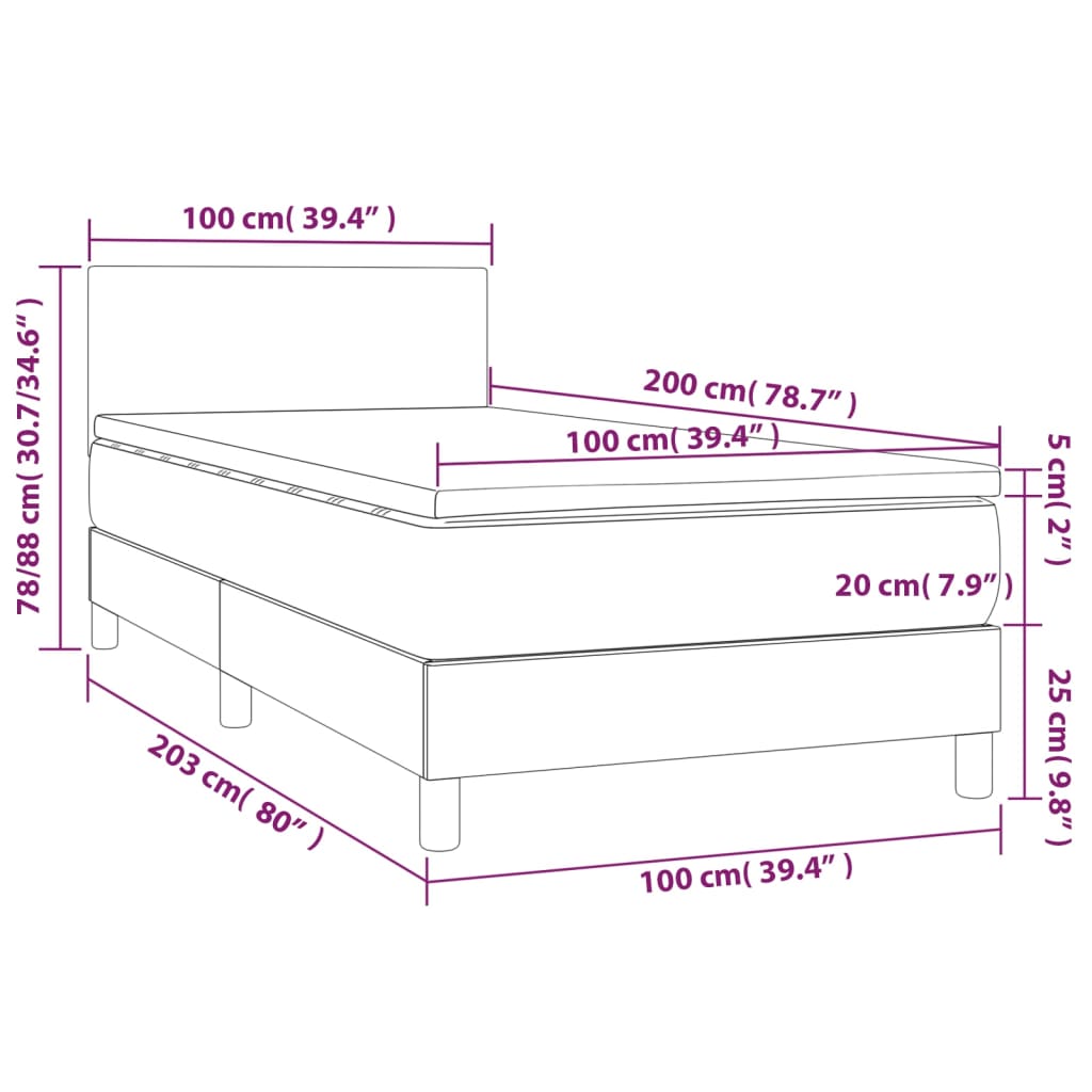 vidaXL Cama box spring c/ colchão/LED 100x200cm couro artificial preto