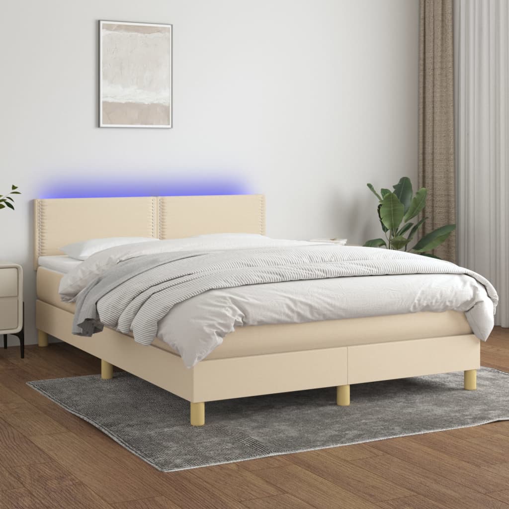 vidaXL Cama box spring c/ colchão e LED 140x200 cm tecido cor creme