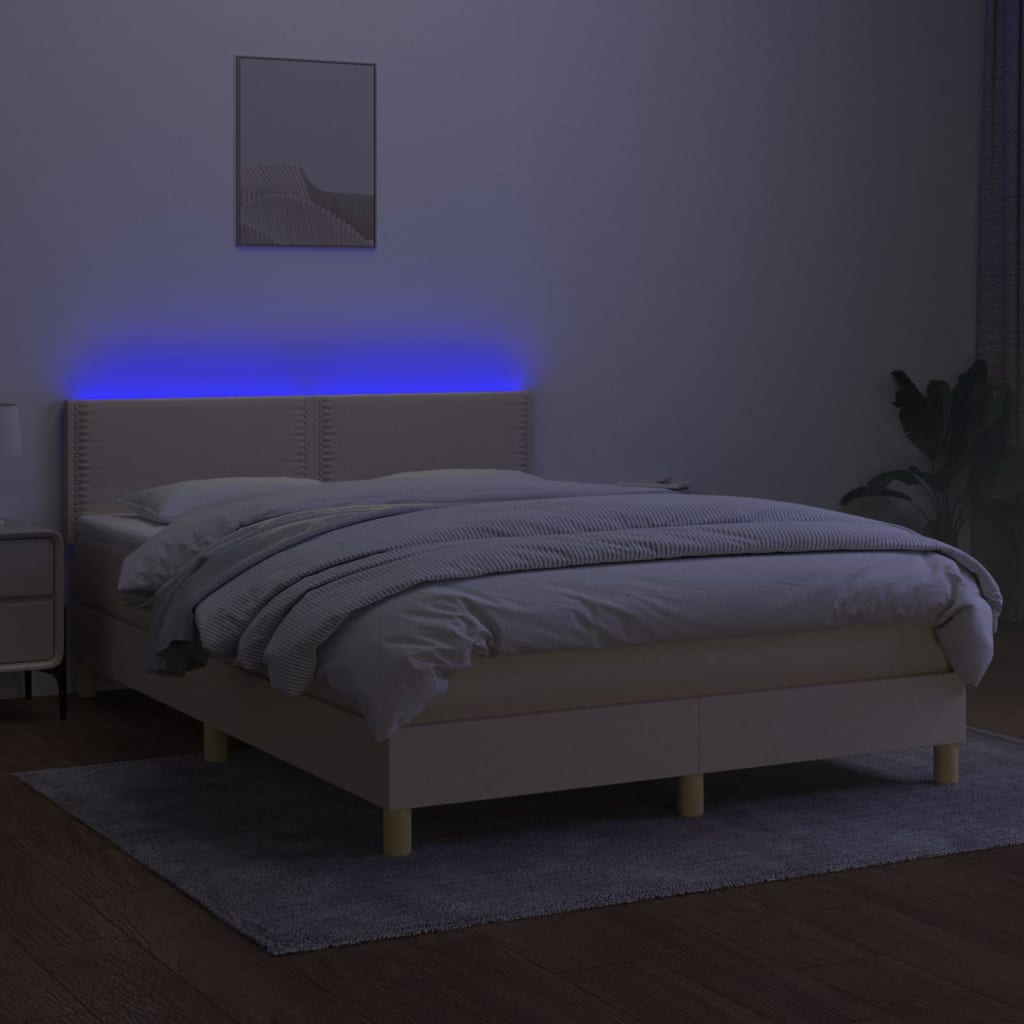 vidaXL Cama box spring c/ colchão e LED 140x200 cm tecido cor creme