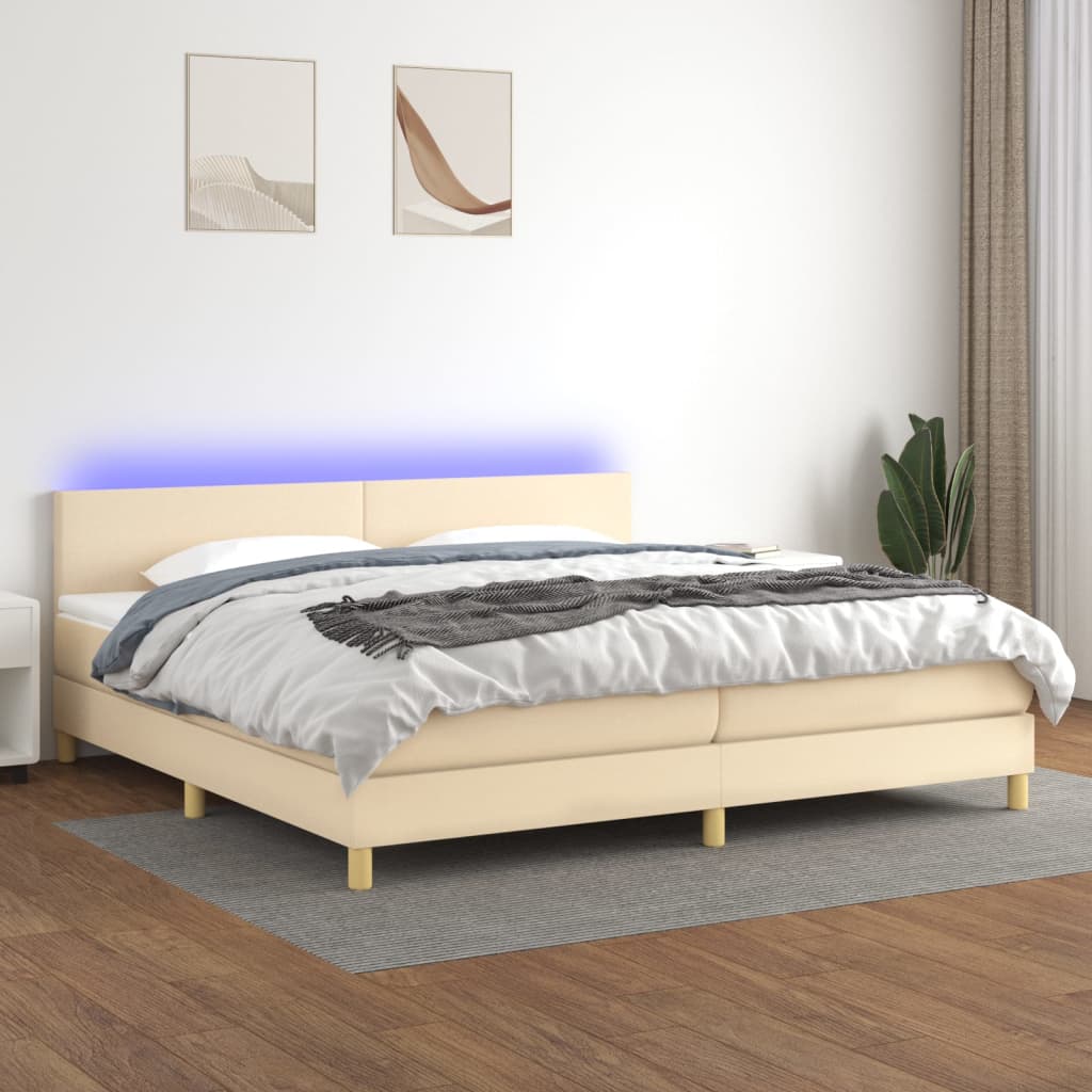 vidaXL Cama box spring c/ colchão e LED 200x200 cm tecido cor creme