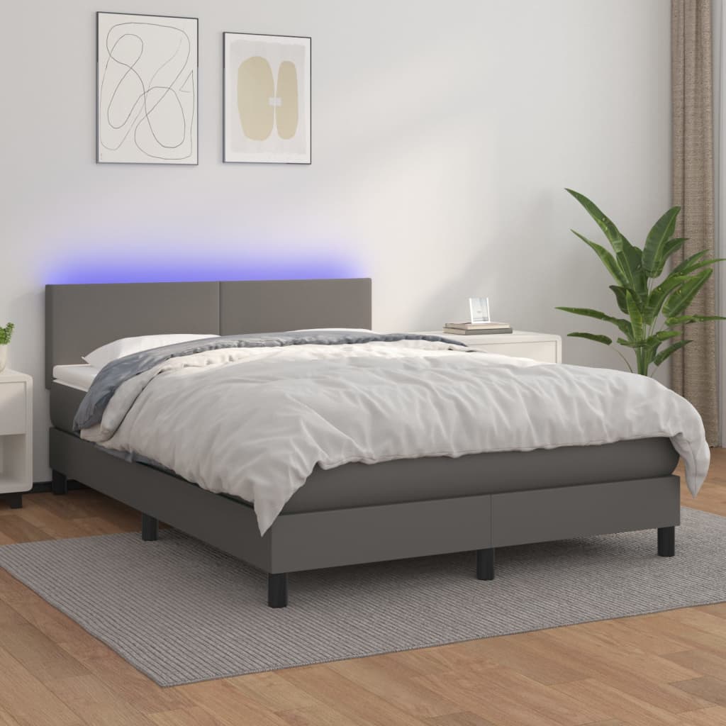 vidaXL Cama box spring c/ colchão/LED 140x200cm couro artificial cinza