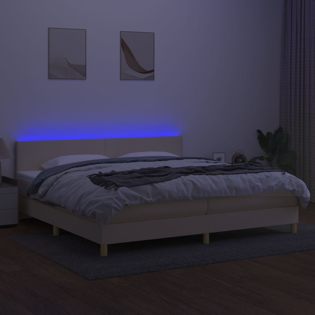 vidaXL Cama box spring c/ colchão e LED 200x200 cm tecido cor creme