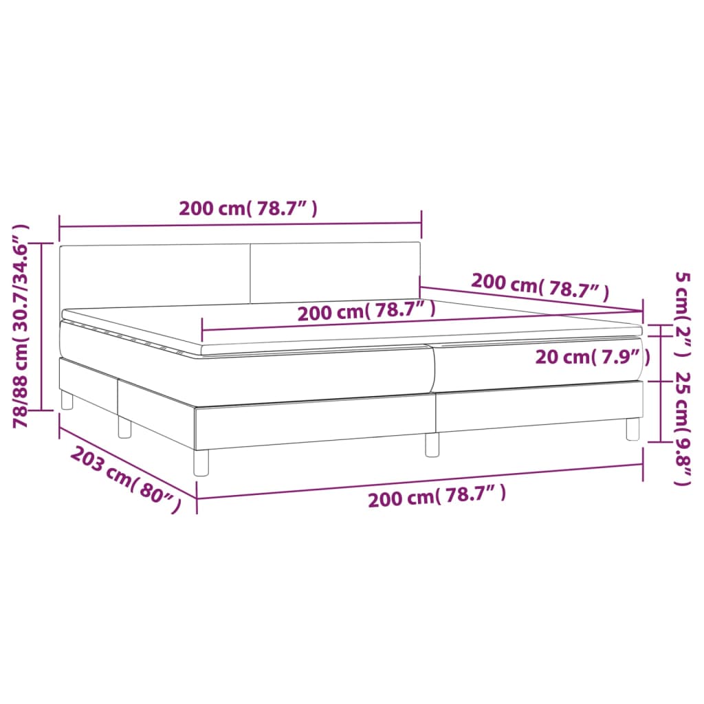 vidaXL Cama box spring c/ colchão e LED 200x200 cm tecido cor creme