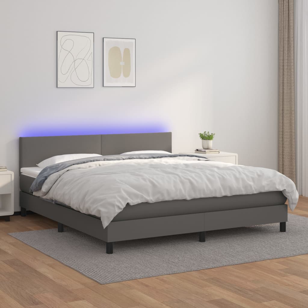 vidaXL Cama box spring c/ colchão/LED 180x200cm couro artificial cinza