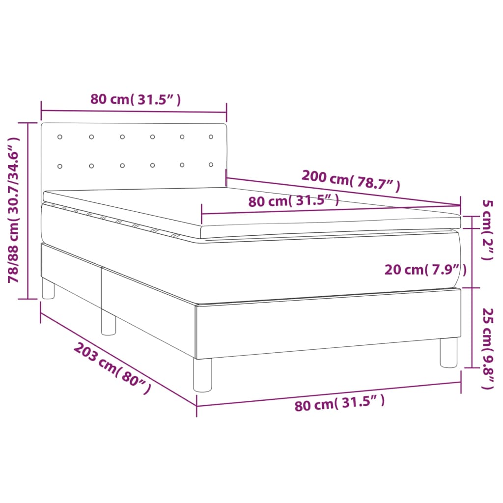 vidaXL Cama box spring c/ colchão e LED 80x200 cm tecido cinza-escuro