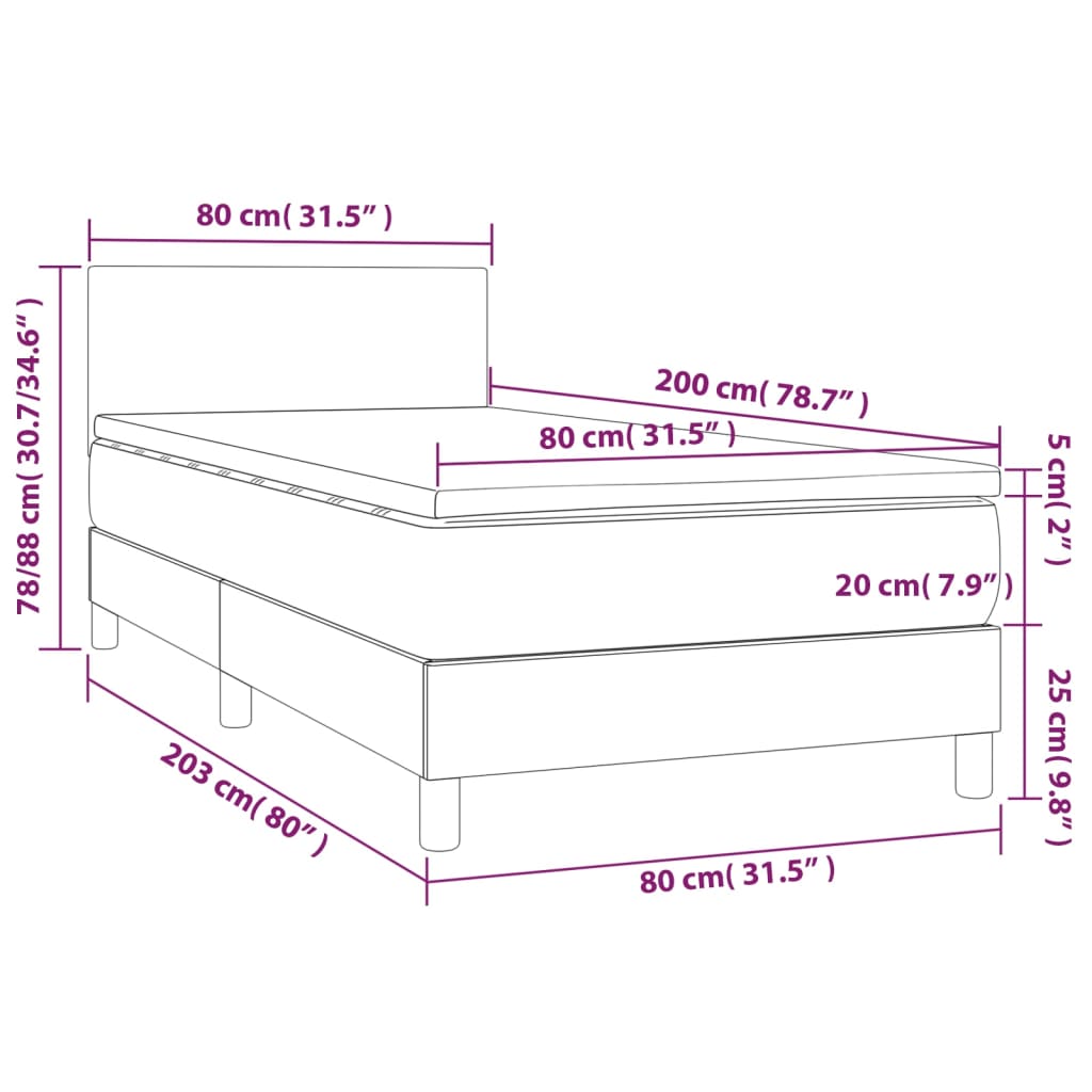 vidaXL Cama box spring c/ colchão/LED 80x200cm tecido castanho-escuro