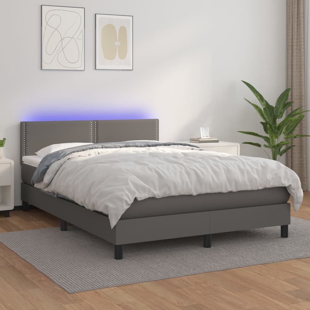 vidaXL Cama box spring c/ colchão/LED 140x190cm couro artificial cinza