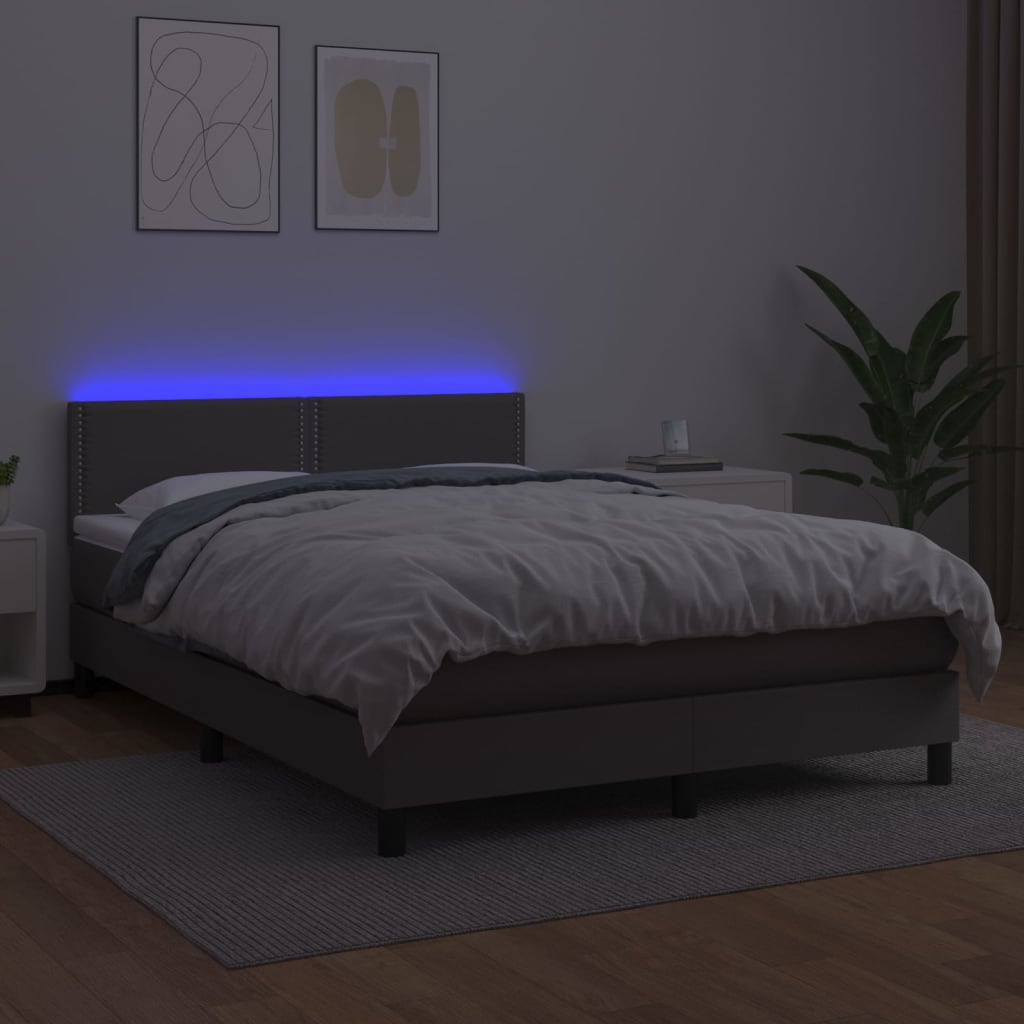 vidaXL Cama box spring c/ colchão/LED 140x190cm couro artificial cinza