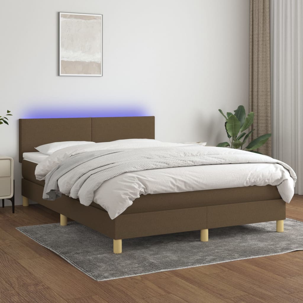 vidaXL Cama box spring c/ colchão/LED 140x190cm tecido castanho-escuro