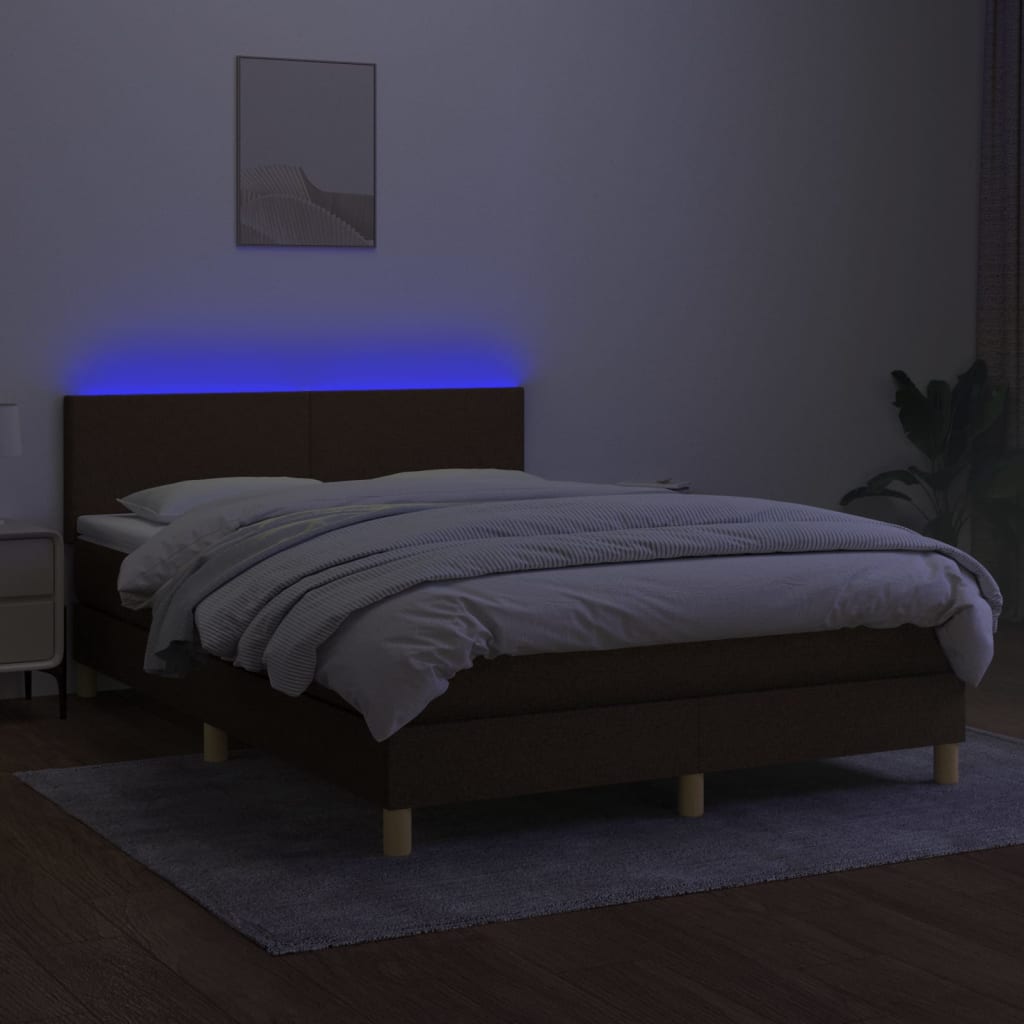 vidaXL Cama box spring c/ colchão/LED 140x190cm tecido castanho-escuro