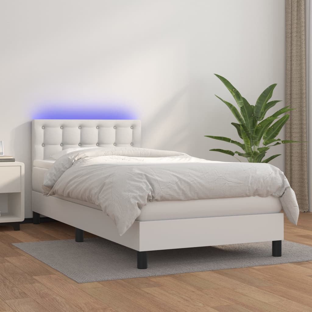 vidaXL Cama box spring c/ colchão/LED 90x190cm couro artificial branco