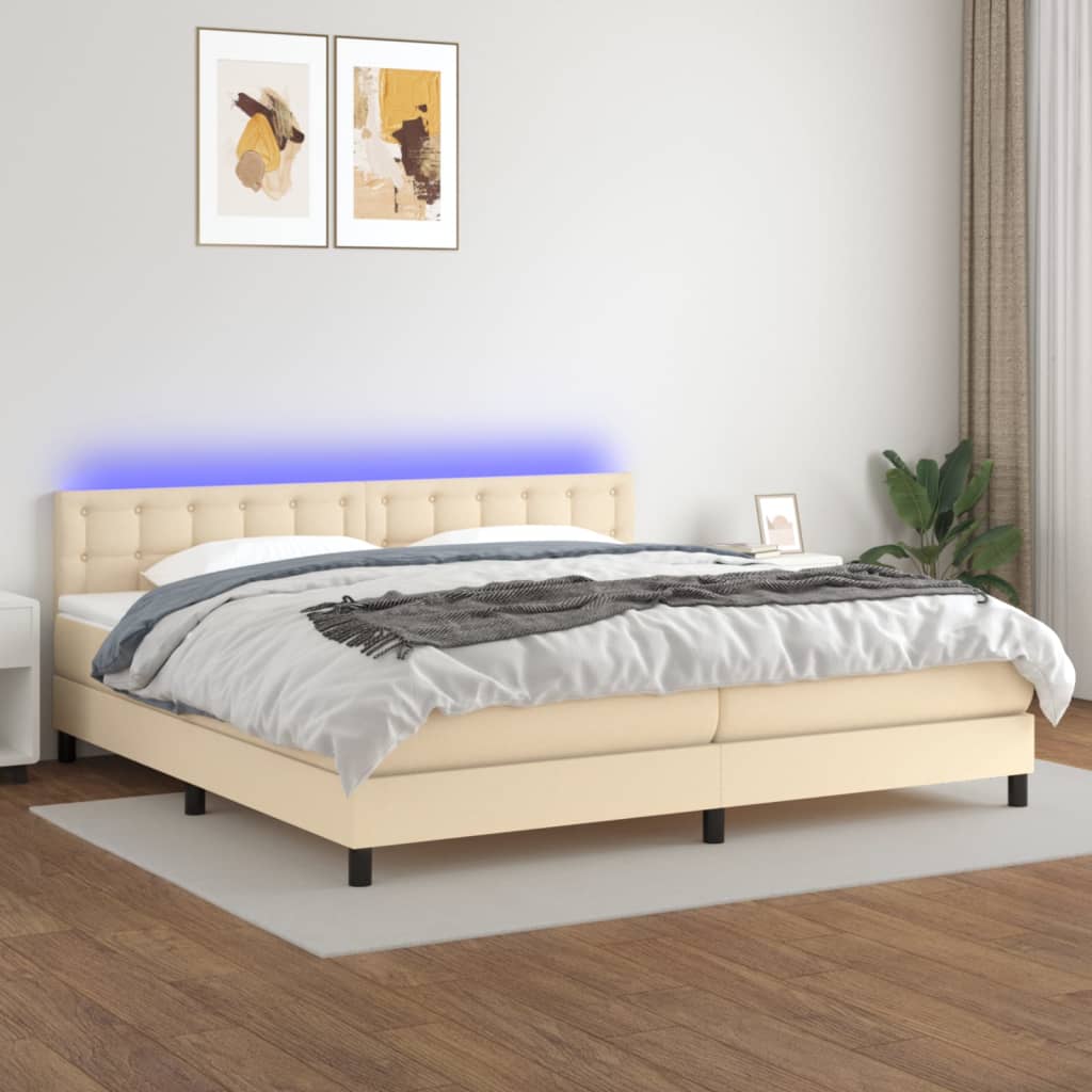 vidaXL Cama box spring c/ colchão e LED 200x200 cm tecido cor creme