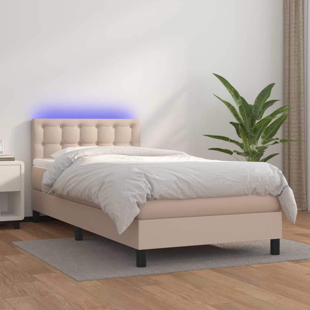 vidaXL Cama box spring c/ colchão/LED 90x200cm couro artif. cappuccino