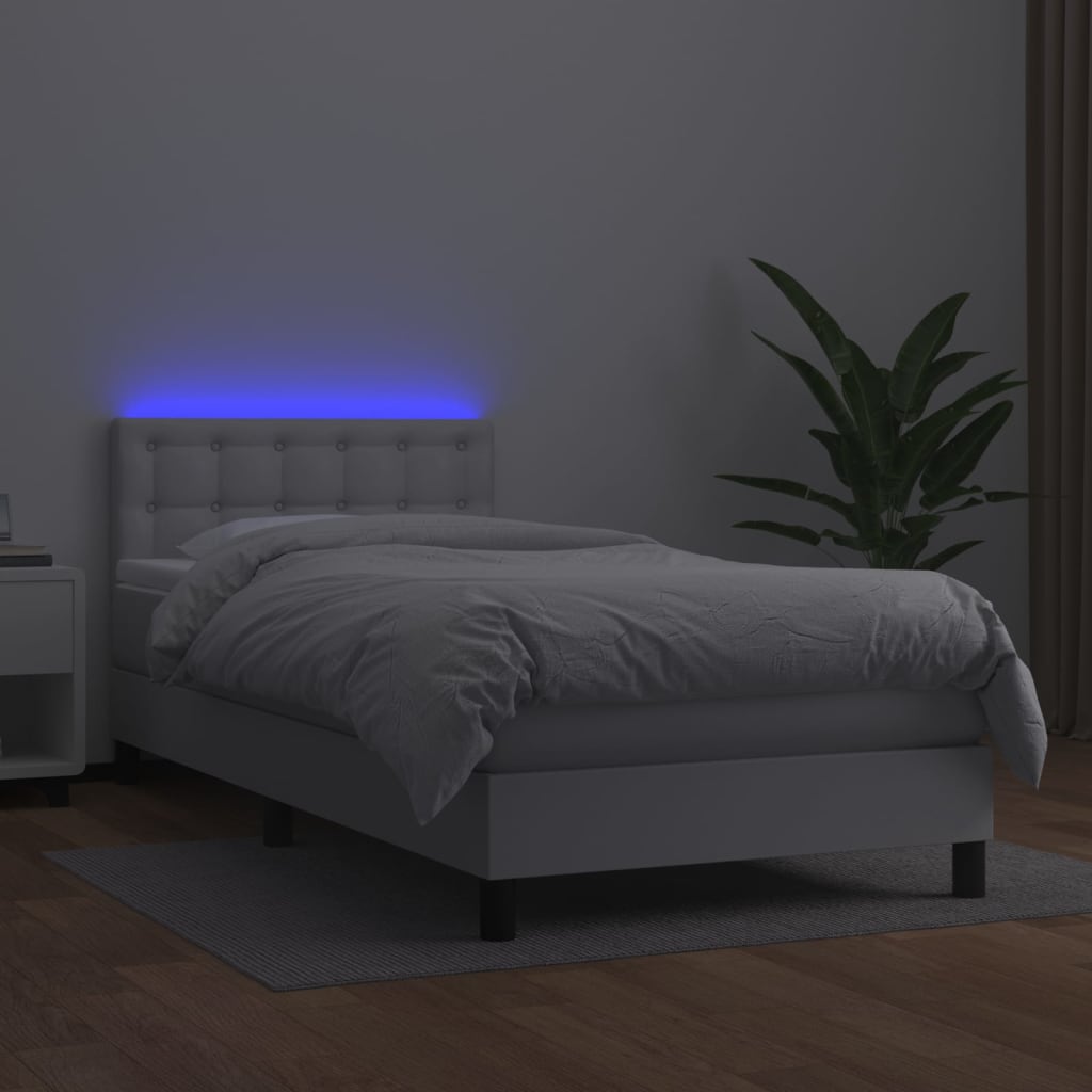 vidaXL Cama box spring c/ colchão/LED 90x190cm couro artificial branco