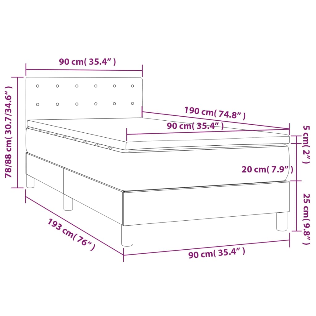 vidaXL Cama box spring c/ colchão/LED 90x190cm couro artificial branco