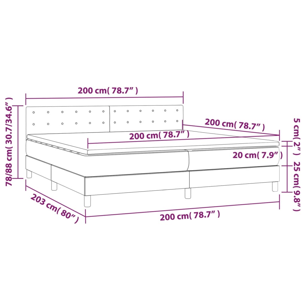 vidaXL Cama box spring c/ colchão e LED 200x200 cm tecido cor creme