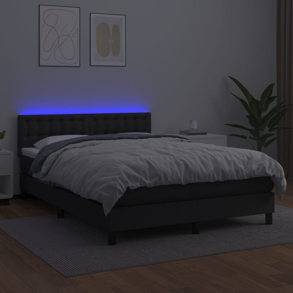 vidaXL Cama box spring c/ colchão/LED 140x200cm couro artificial preto