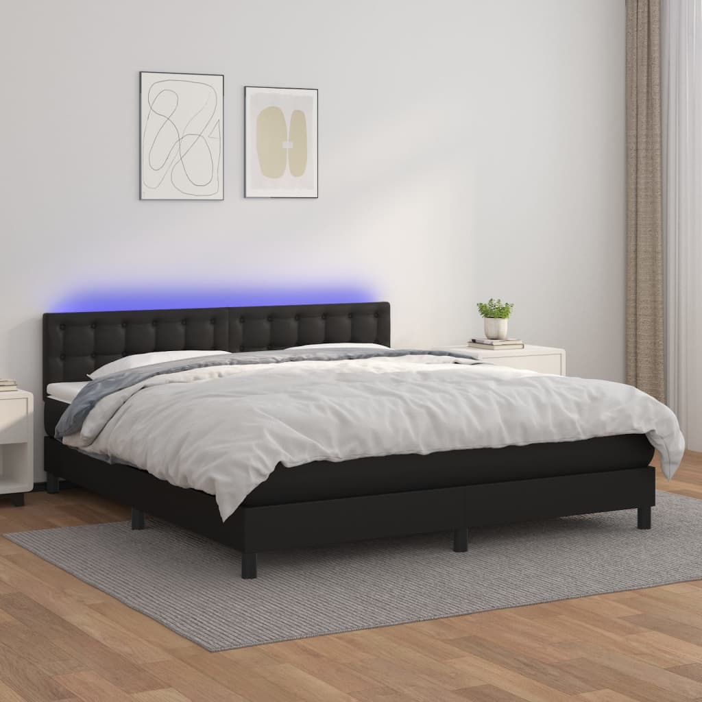 vidaXL Cama box spring c/ colchão/LED 160x200cm couro artificial preto