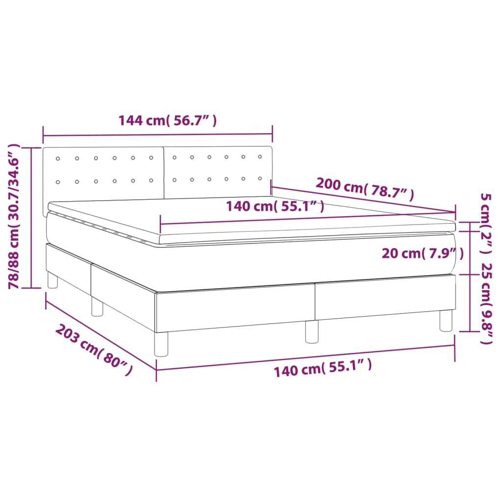 vidaXL Cama box spring c/ colchão/LED 140x200cm couro artificial preto