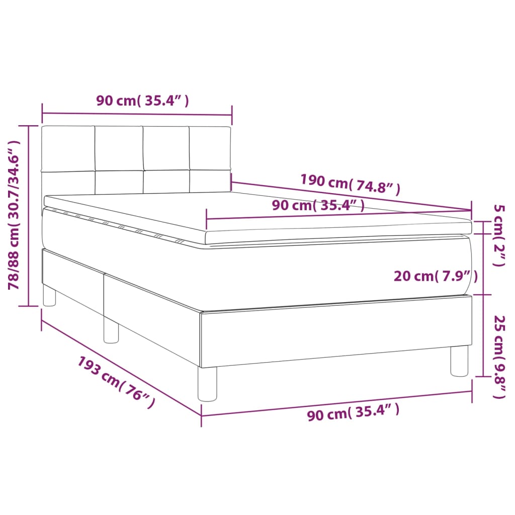 vidaXL Cama box spring c/ colchão e LED 90x190 cm tecido cor creme