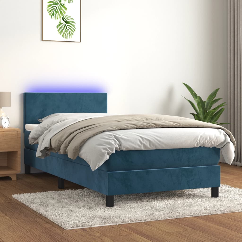 vidaXL Cama box spring c/ colchão/LED 90x200 cm veludo azul-escuro