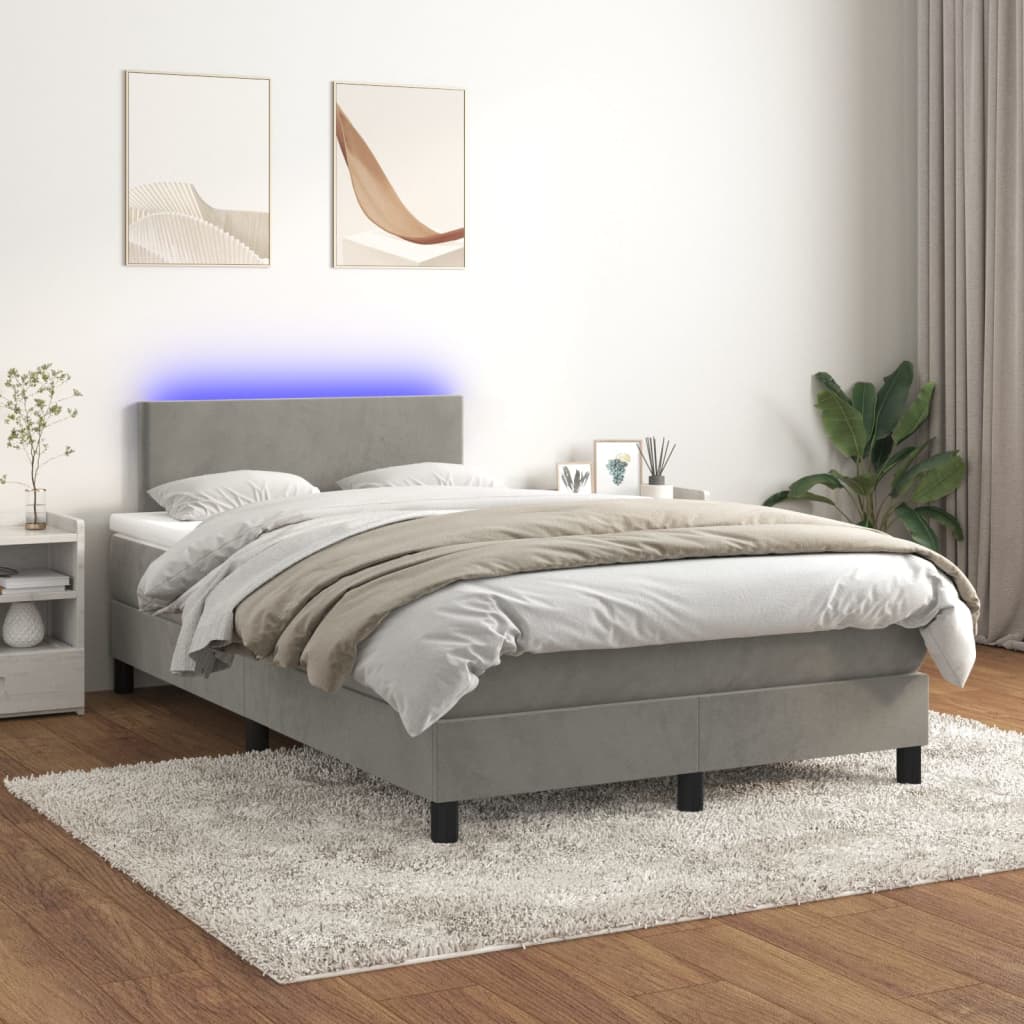 vidaXL Cama box spring c/ colchão/LED 120x200 cm veludo cinzento-claro