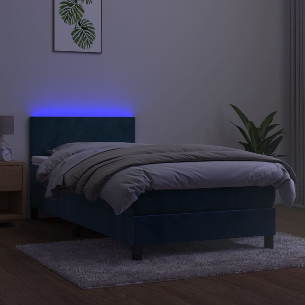 vidaXL Cama box spring c/ colchão/LED 90x200 cm veludo azul-escuro