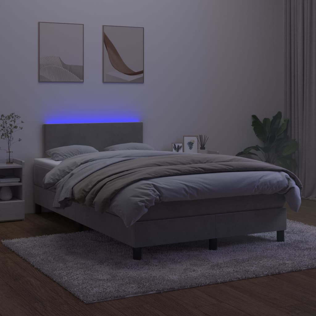 vidaXL Cama box spring c/ colchão/LED 120x200 cm veludo cinzento-claro