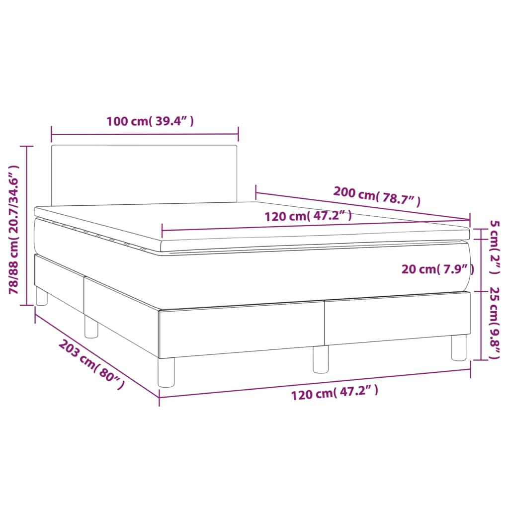 vidaXL Cama box spring c/ colchão/LED 120x200 cm veludo cinzento-claro